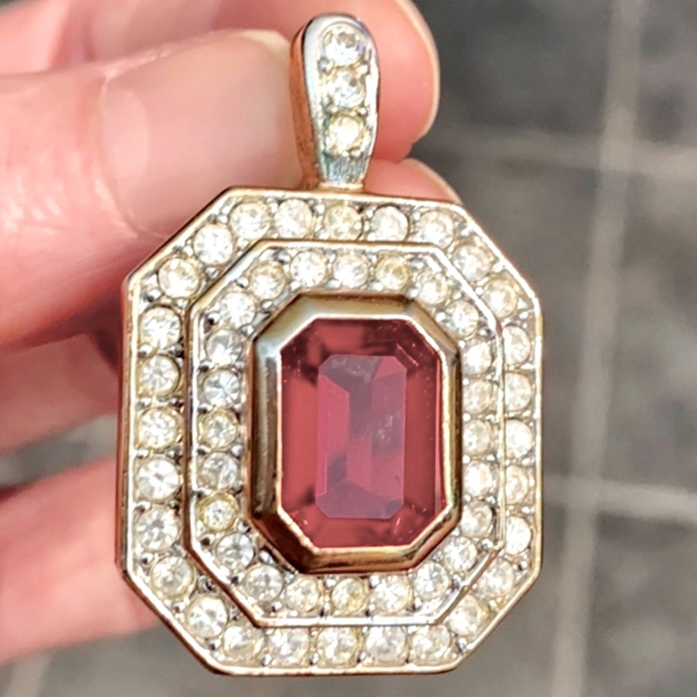 RED GEMSTONE GEM W Rhinestones Pendant